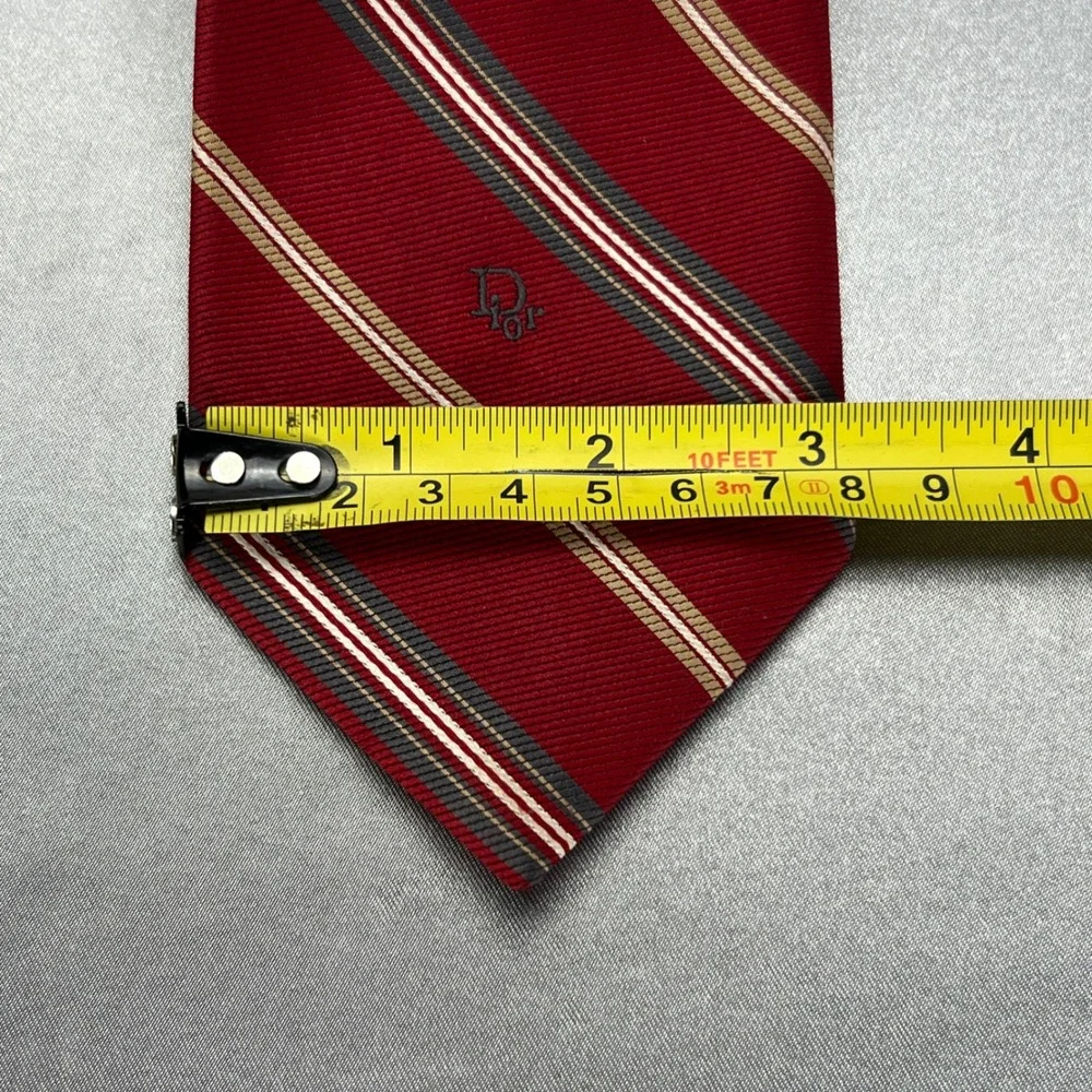 Christian Dior Mens Silk Tie Red Diagonal Stripe Embroidered Logo 54in Vintage